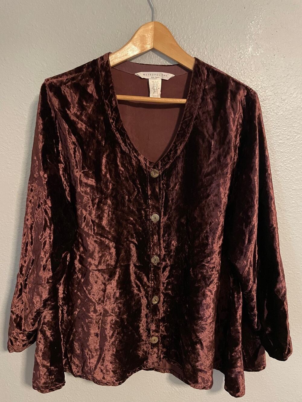 Vintage Womens Top Small Maroon Velvet Button Up Oversized Whimsigoth Boho 90s